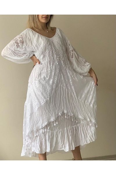 Sosyete Kaplumbağa Women's White Authentic Voile Cotton Guipure and Lace Detailed Long Sleeve Maxi Dress