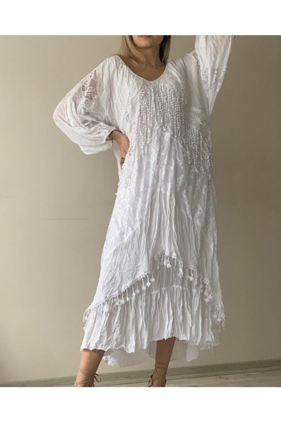 Sosyete Kaplumbağa Women's White Authentic Voile Cotton Guipure and Lace Detailed Long Sleeve Maxi Dress