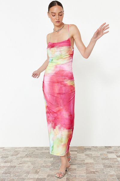 Trendyol Collection Ροζ εμπριμέ Midi Flexible Pencil Dress - Ρυθμιζόμενο λουράκι TWOSS24EL00566