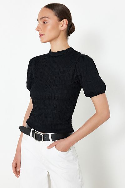 Trendyol Collection Black Premium Textured Crop Stand Collar Stretchy Balloon Sleeve Knitted Blouse TWOSS24BZ00388