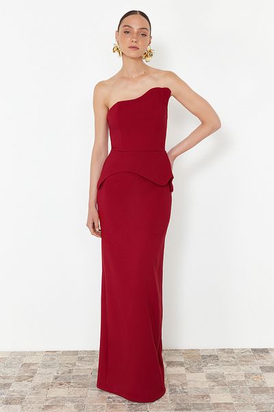 Trendyol Collection Burgundy Fitted One Sleeve Woven Long Stylish Evening Dress Tprss24Ae00171