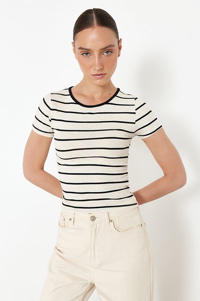 Trendyol Collection Ecru*001 Striped Linen Fitted/Fitted Stretch Knitted Blouse TWOSS24BZ00566