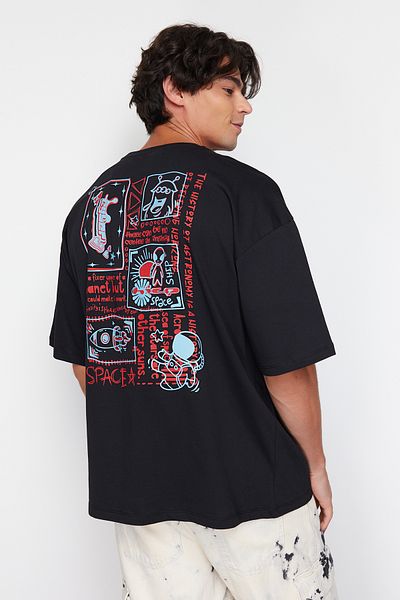 Trendyol Collection Μαύρο υπερμεγέθη εμπριμέ βαμβακερό μπλουζάκι - TMNSS23TS00168