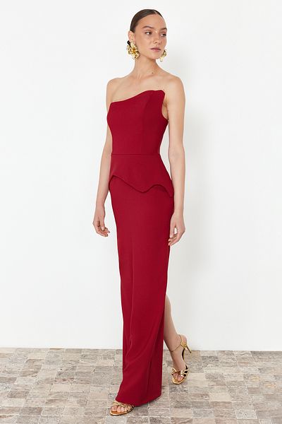 Trendyol Collection Burgundy Fitted One Sleeve Woven Long Stylish Evening Dress Tprss24Ae00171