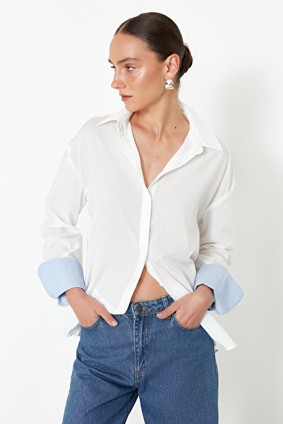 Trendyol Collection Ecru Boyfriend Mold Cuff Detailed Woven Shirt TWOSS24GO00199