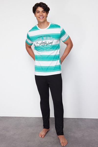 Trendyol Collection Green Striped Regular Fit Cotton Sleepwear Set - Tmnss24Pt00041