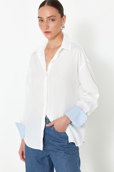 Trendyol Collection Ecru Boyfriend Mold Cuff Detailed Woven Shirt TWOSS24GO00199