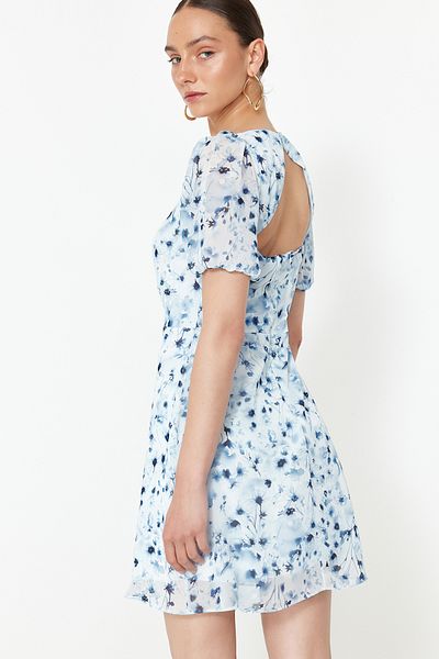 Trendyol Collection Μίνι υφασμένο φόρεμα με λουλουδάτο σιφόν σε γαλάζιο λουλούδι TWOSS22EL2168