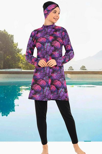 MEBA Μαύρο Lycra Full Covered Hijab μαγιό Plum Leaf -26