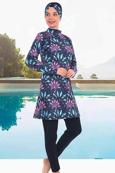 MEBA Μαύρο μακρυμάνικο Quick Dry Lycra Navy Blue Floral Πλήρως καλυμμένο Hijab μαγιό -3