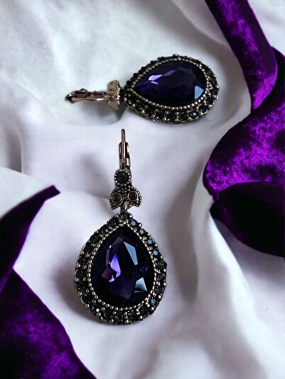 FAYRA ACCESSORIES i Işlemeli Ametist Su Damlası Küpe