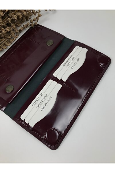Aksesuar Hakiki Deri Uzun Telefon Cüzdanı Unisex Rugan Bordo Renk