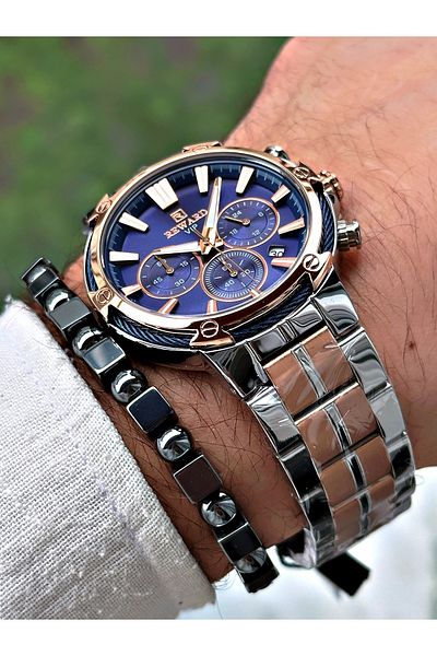 Reward Men's Rose Gold Silver Watch - Functional Steel Cord, Bracelet Gift + Various Functions