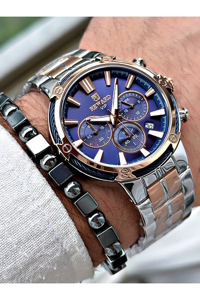 Reward Men's Rose Gold Silver Watch - Functional Steel Cord, Bracelet Gift + Various Functions