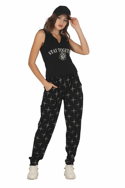 quilling Black Patterned Lady Shalwar Pajama Set with Strappy Sleeves - 10043