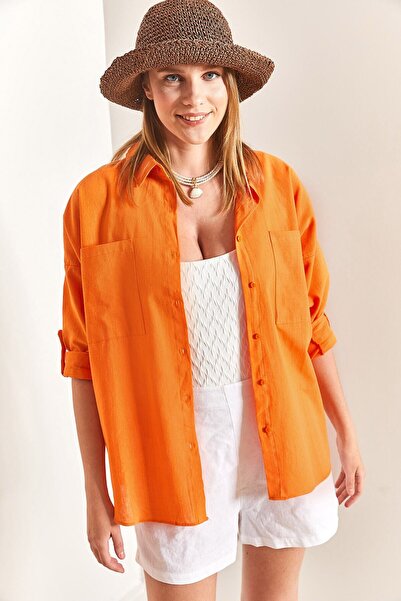 ubmbutik Kadın Gömlek - Çift Cepli Oversize Keten Gömlek