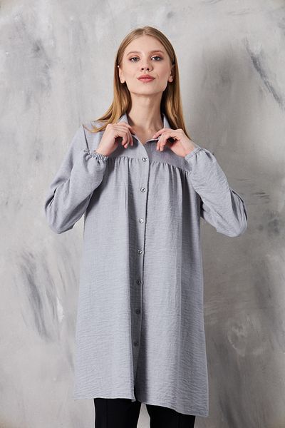 Giyim Gezegeni Women's Imported Linen Tunic Shirt with Gathered Front and Elastic Sleeves