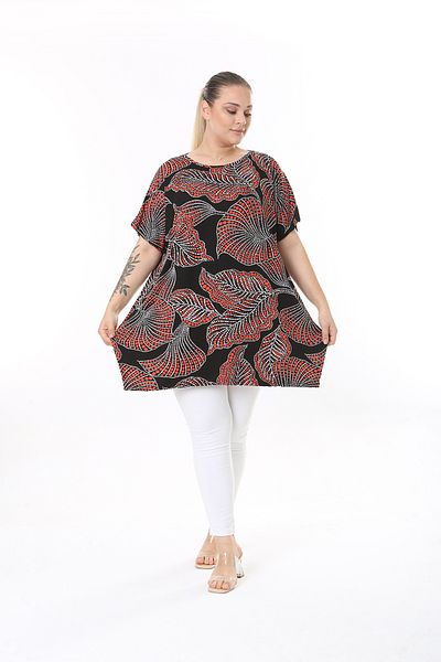 XL Modam Women's Long Sleeve Black Bordo Patterned Lycra Tunic