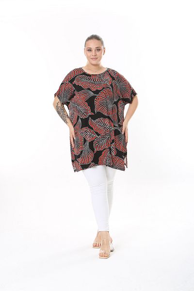 XL Modam Women's Long Sleeve Black Bordo Patterned Lycra Tunic