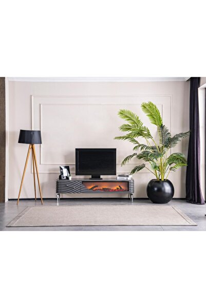 HOLM EV DESİGN Holm Ev Design Mdf Şömineli Antrasit Tv Ünitesi Tv Sehpası