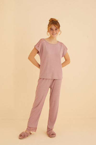 Siyah İnci lila Dantel Detaylı Soft Touch İnce Örme Pijama Takım