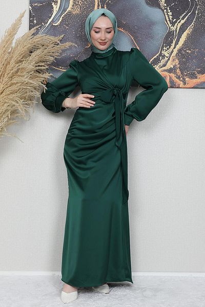 GİZ AGİYİM Satin Side Belted Dress Emerald
