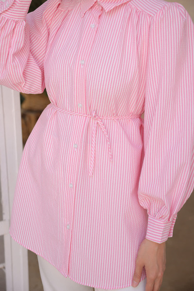 benguen Women's Striped Shirt with Rope Detailed Waist 2093-1 Pink