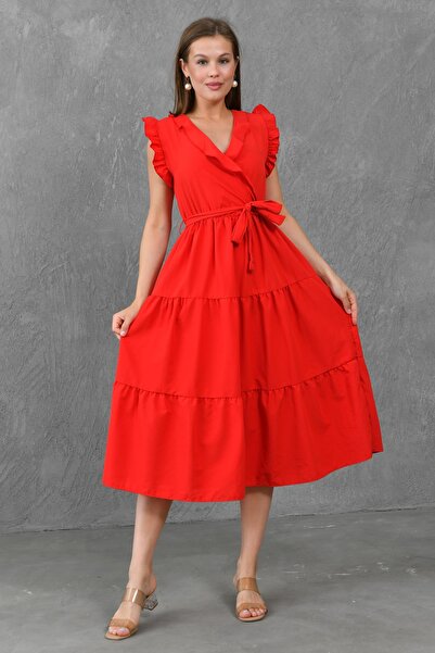 WOMAN VISION Hízelgő szabású elasztikus derekú öv részletes ujjú, fodros, kétsoros gallérral, Midi hosszúságú piros ruha 103