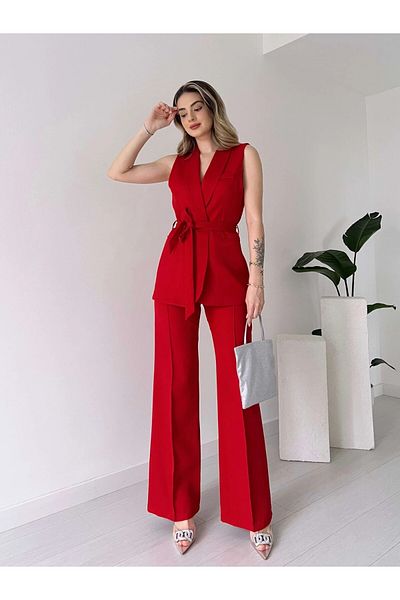 HARMONY GLOBAL Red Belted Vest Palazzo Pants Double Set