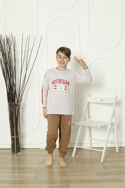 KAPİKİDS Men's Pajama Set - Long Sleeve, Crew Neck, Gray Melange