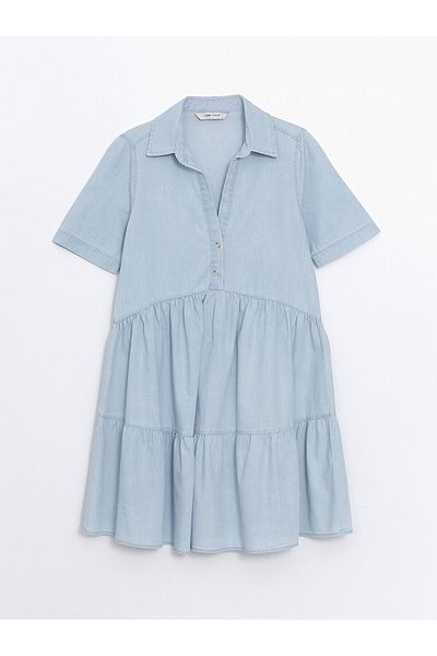 LC Waikiki Rochie de damă Jeans - guler cămașă, croială solidă, mânecă scurtă