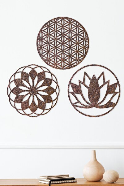 UNT Copper Embossed Patterned Wooden Lotus Flower Flower of Life, Mandala Triple Painting Set Wall Ornament