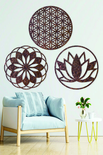UNT Copper Embossed Patterned Wooden Lotus Flower Flower of Life, Mandala Triple Painting Set Wall Ornament