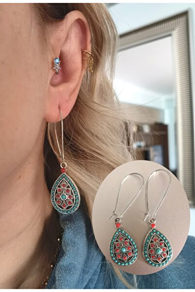 Bylin Takı Blue Patterned Vintage Earrings-1 Pair