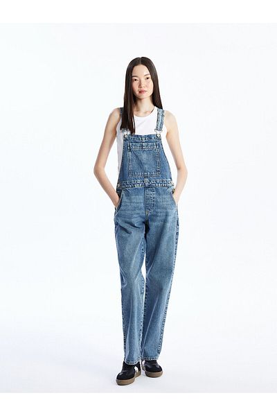 LC Waikiki Damen-Jeans-Salope mit quadratischem Ausschnitt und flachen Trägern