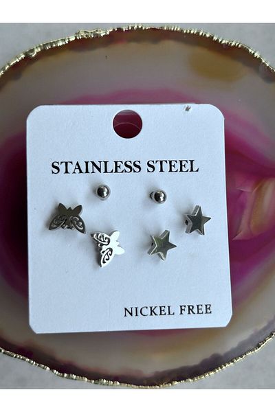 axexuar 316L Real Steel Silver 3-Piece Earring Set - Star Butterfly Ball Stainless Non-Tarnish
