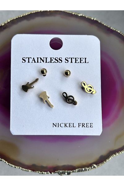 axexuar Real Steel Gold Yellow Color 3-Piece Earrings Music Note Left Switch Guitar Ball Earrings Stainless Tarnish