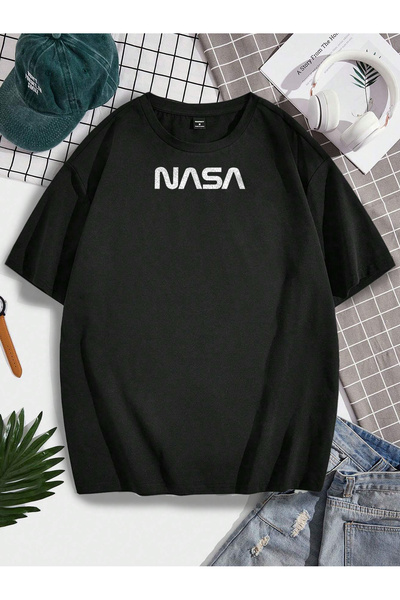 De Carte Ανδρικό μπλουζάκι με στάμπα NASA, μαύρο, υπερμεγέθη, ποιοτικό, με λα...