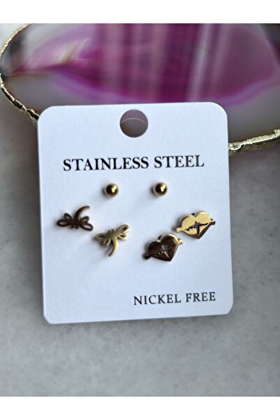 axexuar 316L Real Steel Gold Yellow Color 3-Piece Earrings Heartbeat Butterfly Ball Earrings Stainless Tarnish