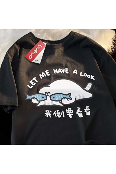 Toum Damphaobi - Tricou unisex oversize cu imprimeu de pisici minimaliste negre