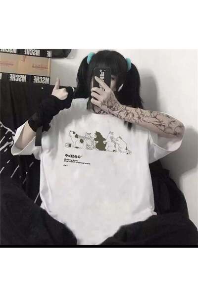 Toum Tricou supradimensionat unisex alb Damphaobi Cats