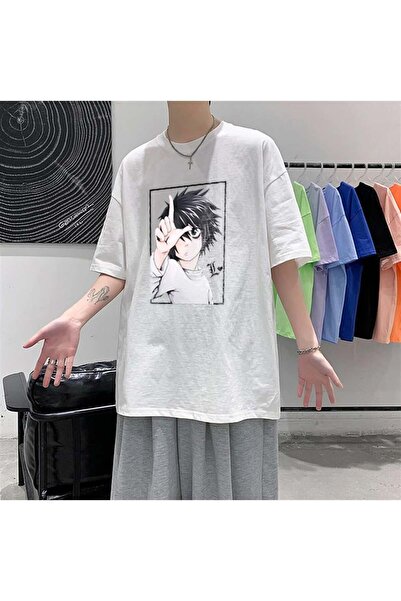 Toum Tricou supradimensionat unisex alb Damphaobi Death Note L