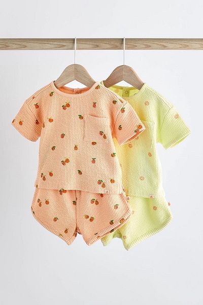 Next Baby Fluro Green and Orange Strawberry Patterned 100% Cotton Short Sleeve Shorts Set - Set of 2