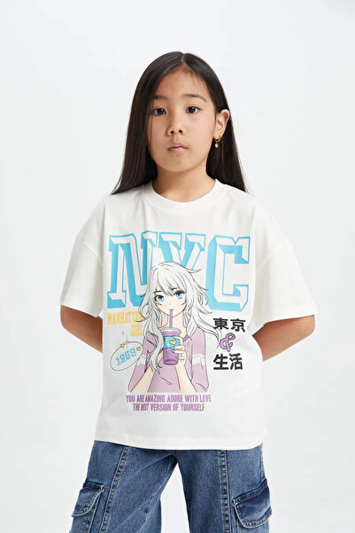 DeFacto Детска тениска с къс ръкав и надпис на гърба, с широка кройка и велос...