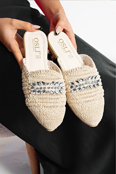 Fogs Kadın Taşlı Krem Hasır Örme Terlik Günlük Sandalet Terlik