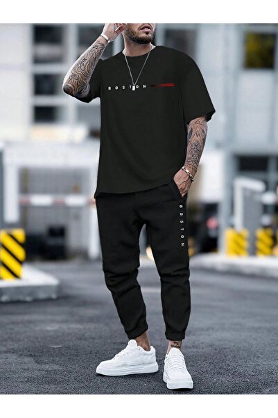 over head oh Чоловічий чорний оверсайз-футболка з принтом Boston і комплект джоггерів