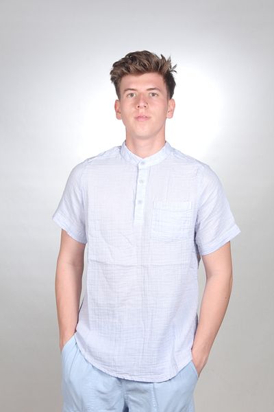 bomull textıle Men's Muslin Shirt - 3 Buttons, Half Placket, Short Sleeve