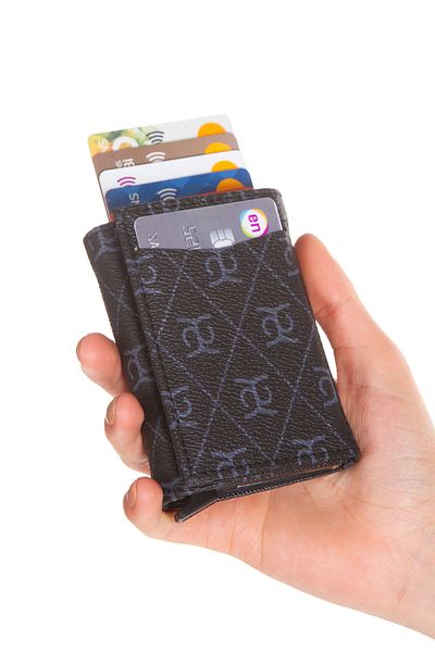 Newish Polo Elegant Patterned Black Faux Leather Unisex Card Holder Wallet - With Mechanism