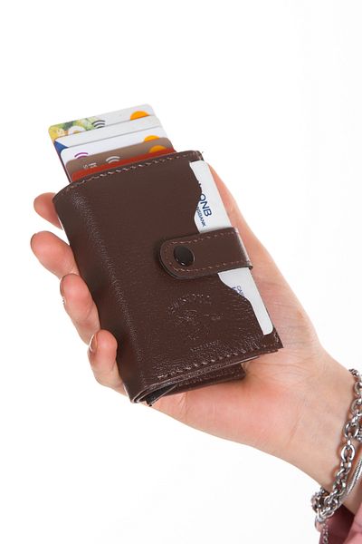 Newish Polo Unisex Brown Faux Vegan Leather Wallet - With Mechanism, Patch Card Holder, RFID