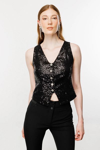 Ekol V-Neck Sequined Buttoned Vest